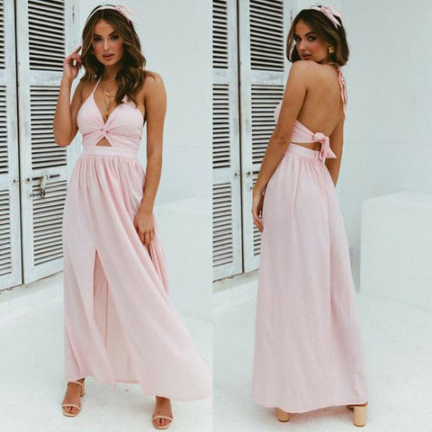 Boho Summer Floral Long Maxi Dress Halter Backless Straps