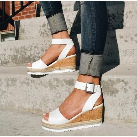 PU Leather Ankle Buckle Strap Sandals Shoes Ladies Peep Toes