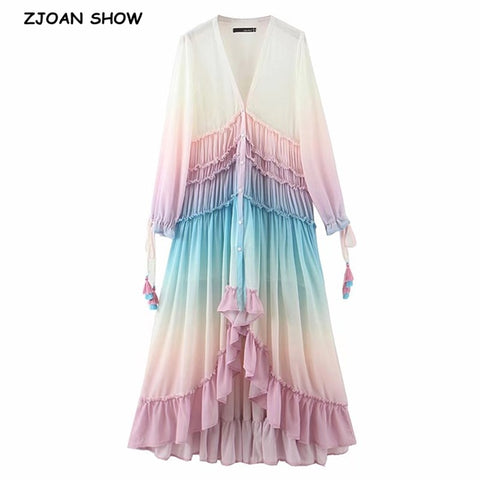 BOHO Gradient Rainbow Color Single-breasted Button Long Dress