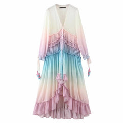 BOHO Gradient Rainbow Color Single-breasted Button Long Dress