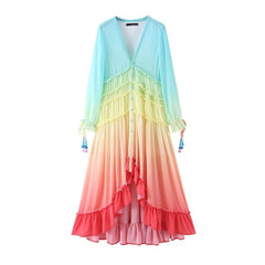 BOHO Gradient Rainbow Color Single-breasted Button Long Dress