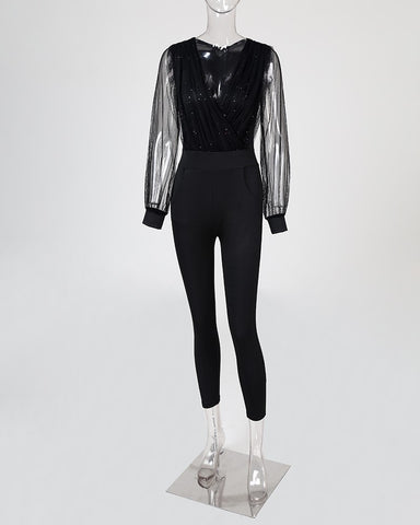 Sheer Mesh Glitter Ruched Wrap Jumpsuit  Overalls