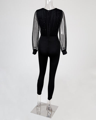 Sheer Mesh Glitter Ruched Wrap Jumpsuit  Overalls
