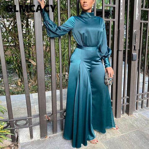 Satin Long Sleeve Tunic Jumpsuit Classy Wide Leg Overalls