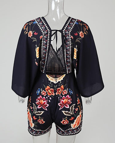 Deep V Neck Floral Half Sleeve Romper