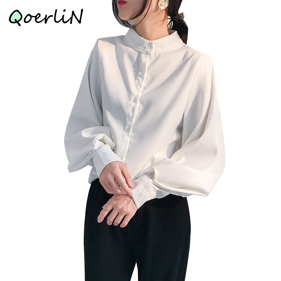 Lantern Sleeve Blouse Single Breasted Stand Collar Shirts Office