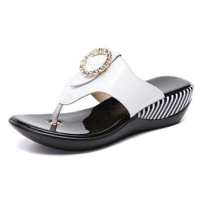 Genuine Leather Wedge Platform Slippers Flip Flops Women Platform Slippers