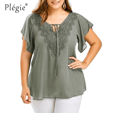 Plus Size Lace Patchwork Shirt Tops And Blouses Short Sleeve