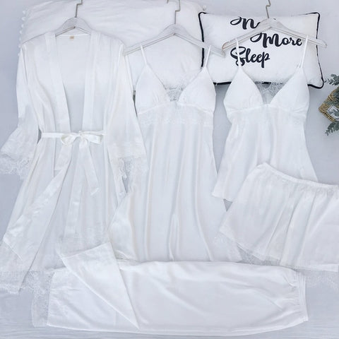 5PCS Pajamas Set Silk Satin Womens Lace Nightwear