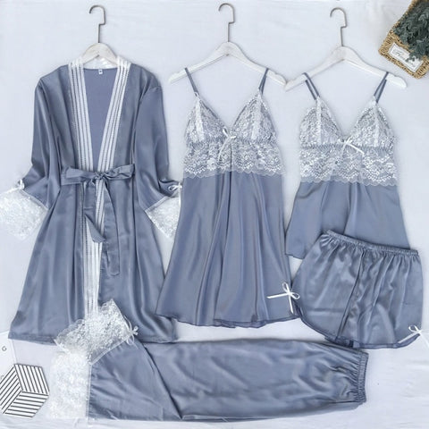 5PCS Pajamas Set Silk Satin Womens Lace Nightwear