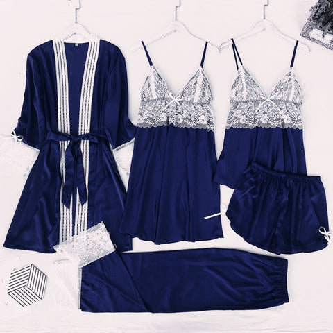 5PCS Pajamas Set Silk Satin Womens Lace Nightwear