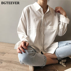 Minimalist Loose White Shirts for Women Turn-down Collar Solid