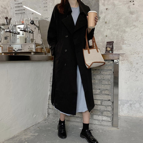 Solid Long Trench Coat Double Breasted Elegant Office Coat