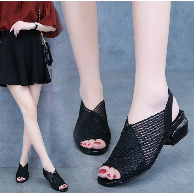 Women‘s Sandals 2021 Thick Heel Peep Toe Summer Shoes Mesh Breathable