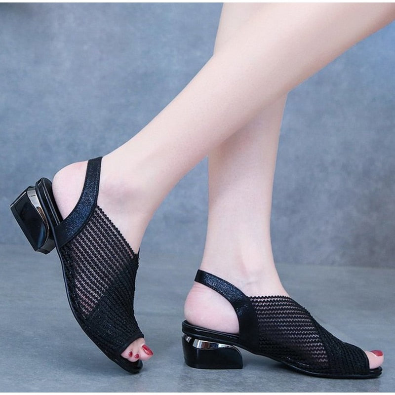 Women‘s Sandals 2021 Thick Heel Peep Toe Summer Shoes Mesh Breathable