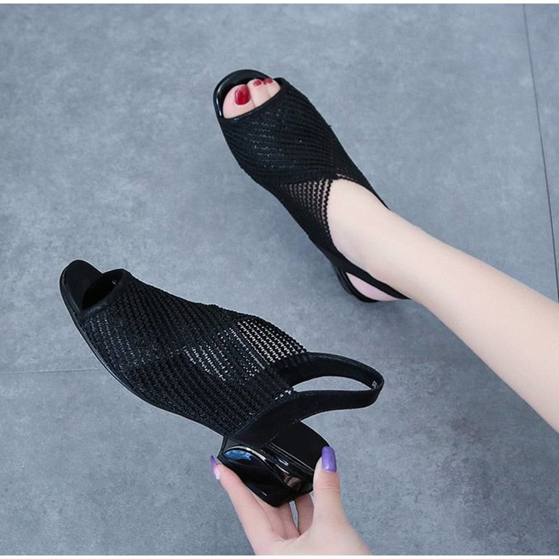 Women‘s Sandals 2021 Thick Heel Peep Toe Summer Shoes Mesh Breathable