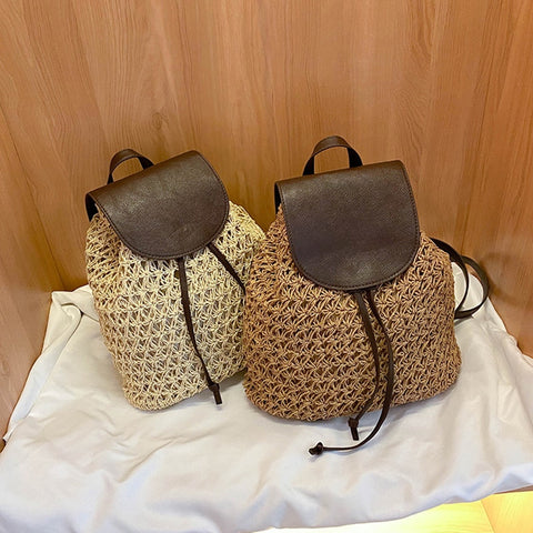 Backpack Drawstring Fashion Straw Bag Hollow Weave Pack Bag