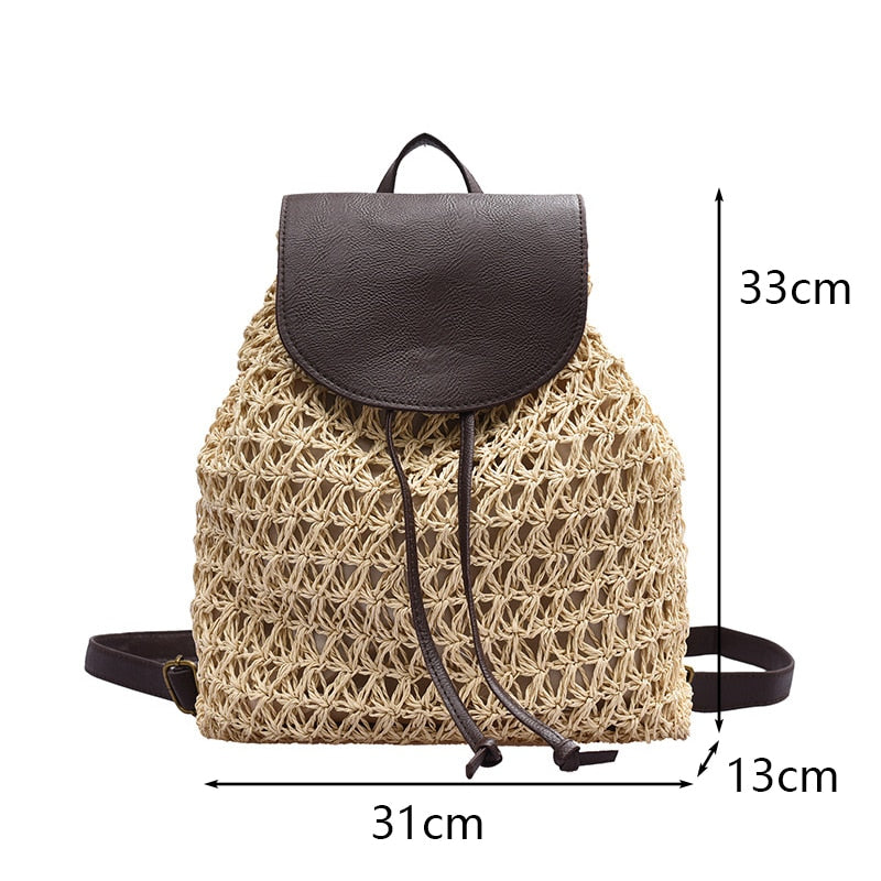 Backpack Drawstring Fashion Straw Bag Hollow Weave Pack Bag