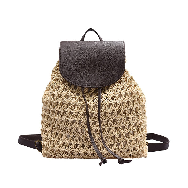 Backpack Drawstring Fashion Straw Bag Hollow Weave Pack Bag