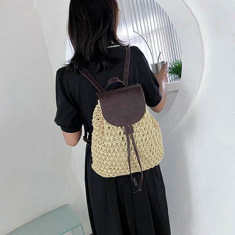 Backpack Drawstring Fashion Straw Bag Hollow Weave Pack Bag