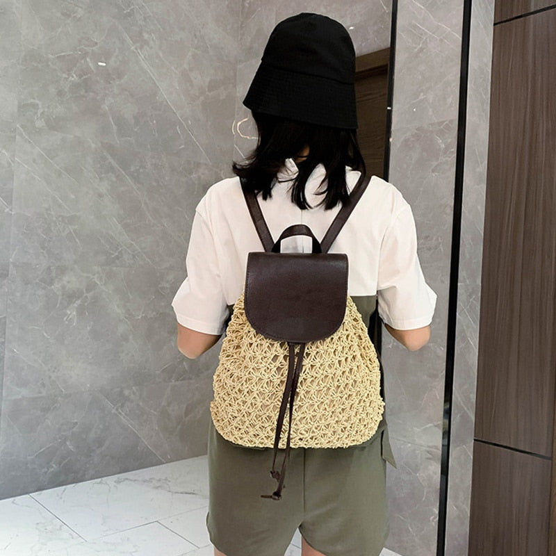 Backpack Drawstring Fashion Straw Bag Hollow Weave Pack Bag