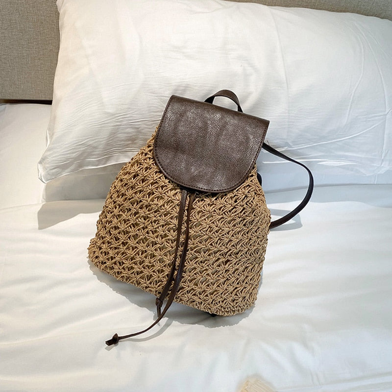 Backpack Drawstring Fashion Straw Bag Hollow Weave Pack Bag