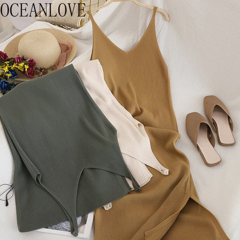 Solid Knitted Casual All Match Simple Fashion Women Dress Vestidos