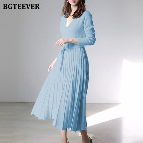 Knitted Pleated Dress Long Sleeve Belted Sashes Ladies Sweater Dress