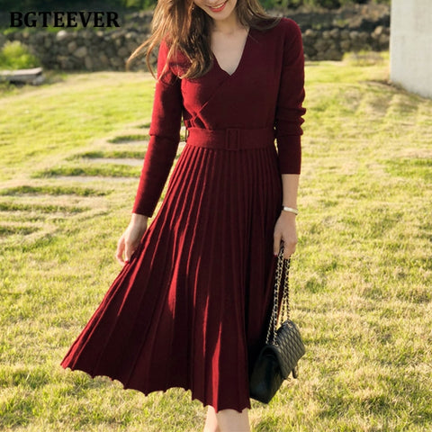 Knitted Pleated Dress Long Sleeve Belted Sashes Ladies Sweater Dress