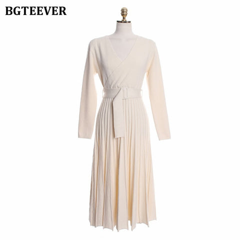 Knitted Pleated Dress Long Sleeve Belted Sashes Ladies Sweater Dress