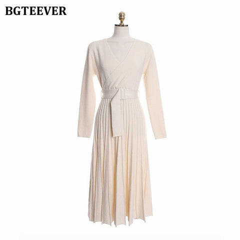 Knitted Pleated Dress Long Sleeve Belted Sashes Ladies Sweater Dress