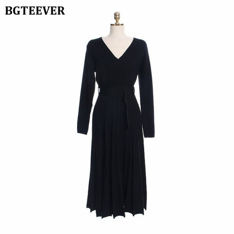 Knitted Pleated Dress Long Sleeve Belted Sashes Ladies Sweater Dress