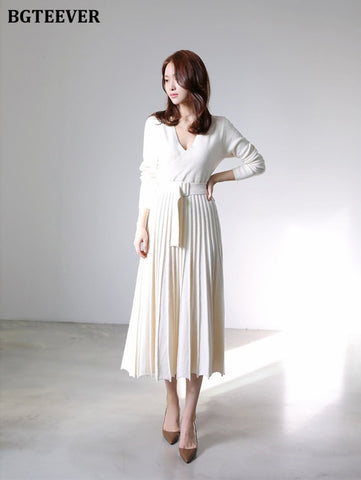 Knitted Pleated Dress Long Sleeve Belted Sashes Ladies Sweater Dress