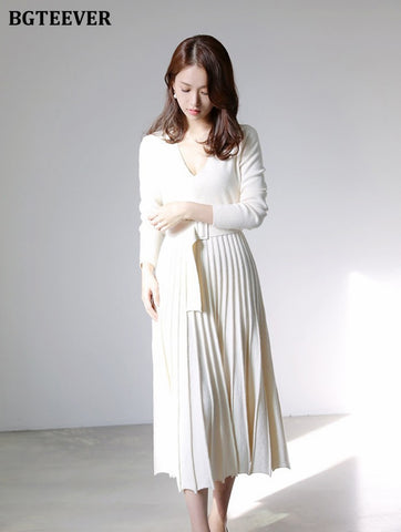 Knitted Pleated Dress Long Sleeve Belted Sashes Ladies Sweater Dress