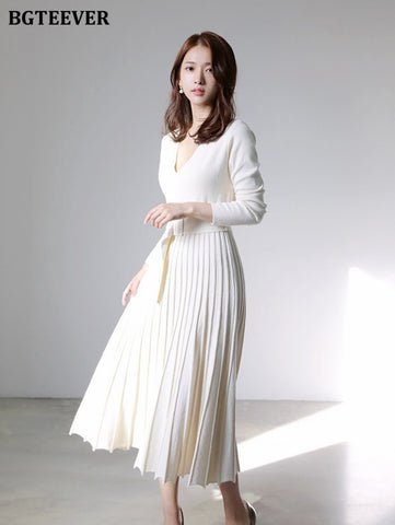 Knitted Pleated Dress Long Sleeve Belted Sashes Ladies Sweater Dress