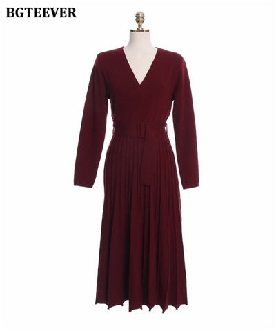 Knitted Pleated Dress Long Sleeve Belted Sashes Ladies Sweater Dress
