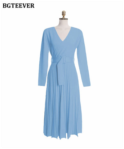 Knitted Pleated Dress Long Sleeve Belted Sashes Ladies Sweater Dress
