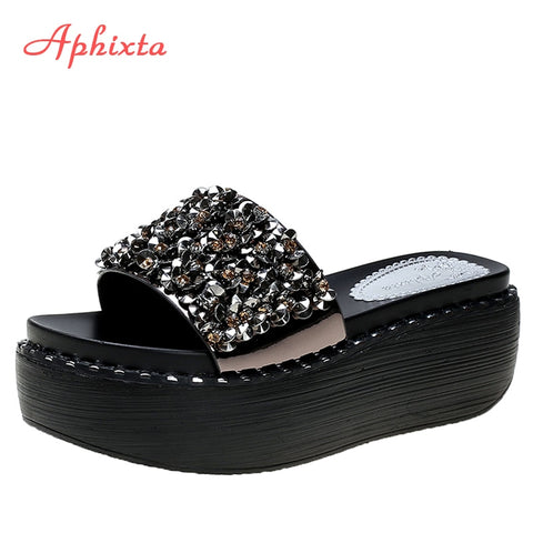 Platform Wedges Ladies Summer Flip Flops Rhinestone Beach Slides
