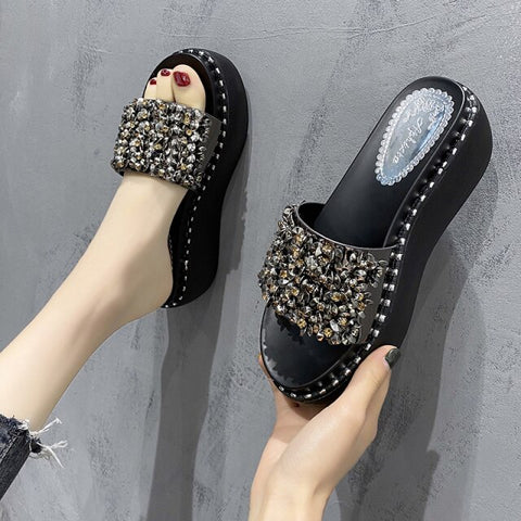 Platform Wedges Ladies Summer Flip Flops Rhinestone Beach Slides