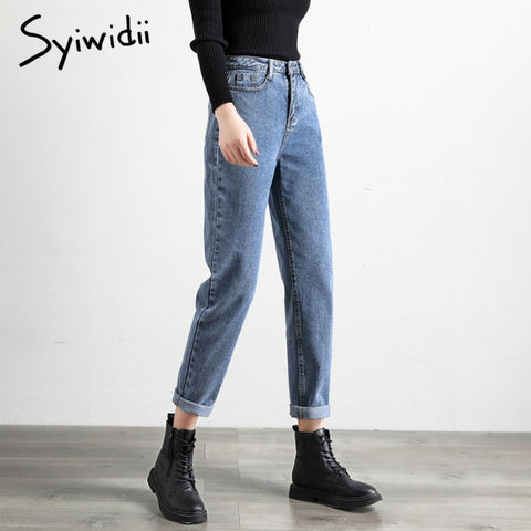 gray blue high waist jeans woman street style cotton mom harem pants