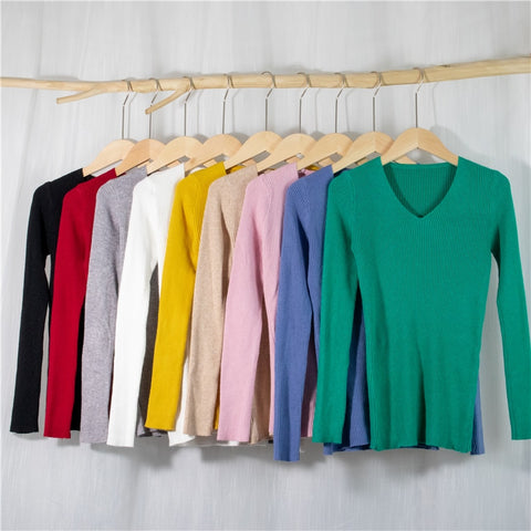 Pullover V-Neck Minimalist Bottoming Pink Tops Multi Colors