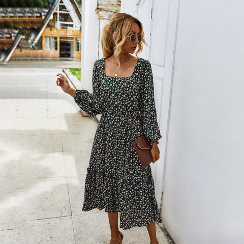 Long Sleeve Elegant Ladies Flower Square Collar Dresses