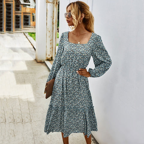Long Sleeve Elegant Ladies Flower Square Collar Dresses