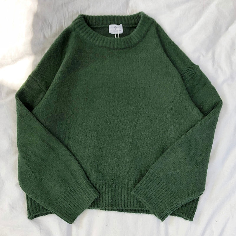 Dark Green Round Neck Pullover Sweater Long Sleeve Pullovers Jumper