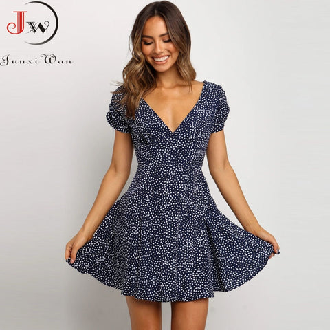 Puff Sleeve Women Summer Beach Sexy V Neck Mini Party Dress