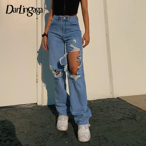 Streetwear Ripped Hole High Waist Jeans Women Pants Casual Straight Denim Vintage