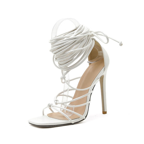 gladiator knee high open toe lace up cross strappy high heels fashion shoes