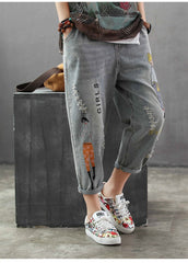 Fashion Brand Style Vintage Hole Embroidery Ankle-length Denim Jeans