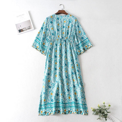 BOHO floral Print Flare Sleeve Side Split  Drawstring Long Dresses