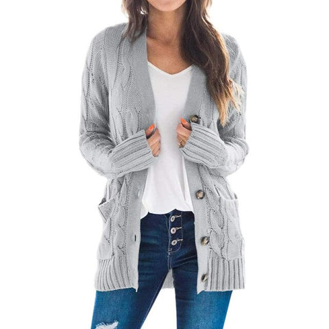 Cardigan Long Sleeve Plus Size Pocket Ribbed Knitted Sweater